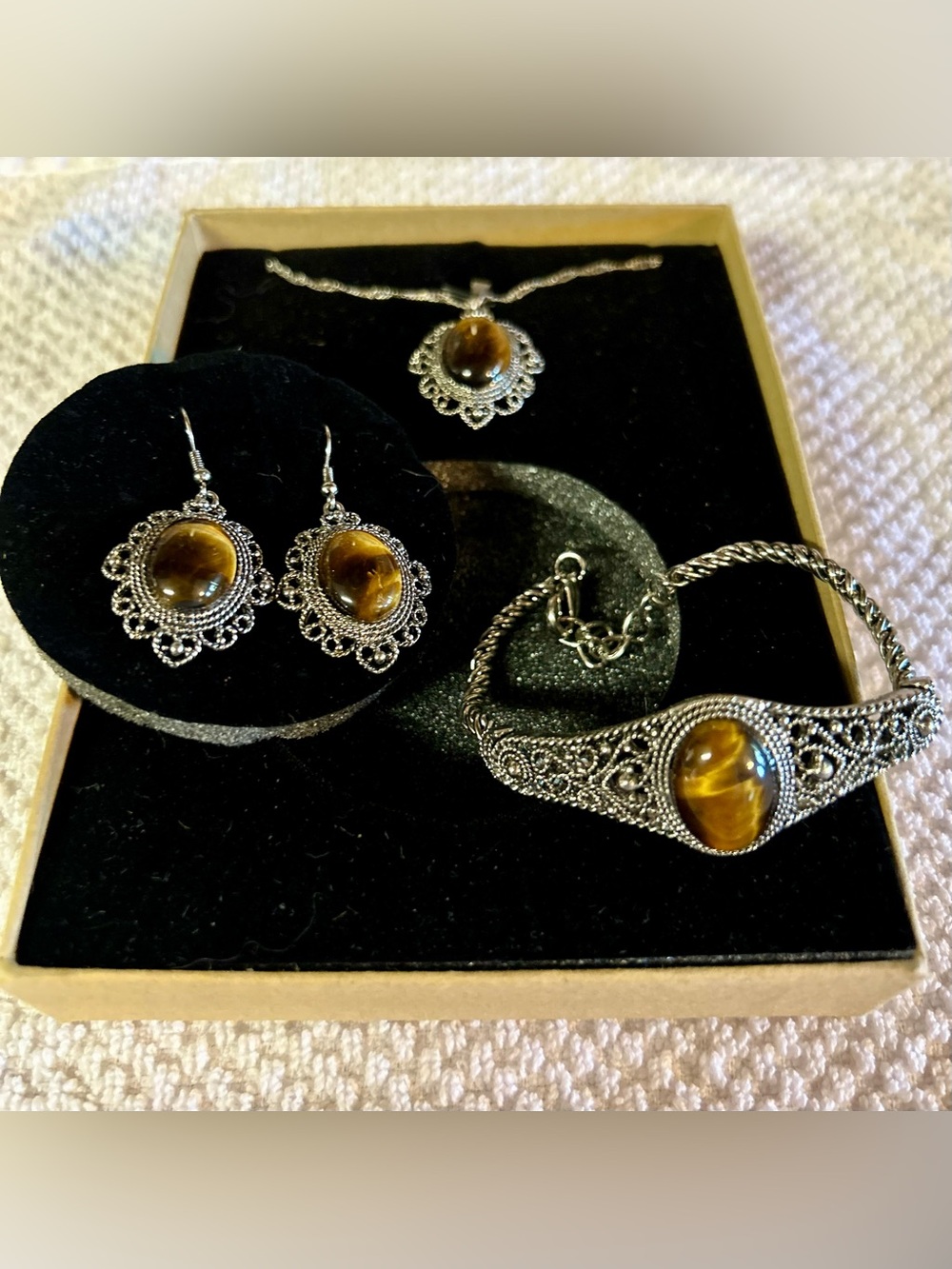 Sterling-Style Filigree Tiger's Eye Drop Earrings - Brown